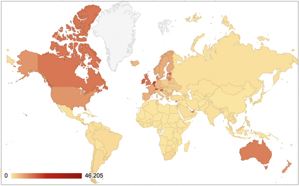 blockchain developers relative to population by country, world map