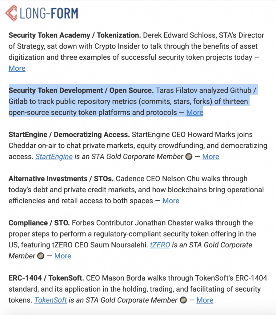 Security Tokens newsletter - featuring Dappros analytics on security token platforms development