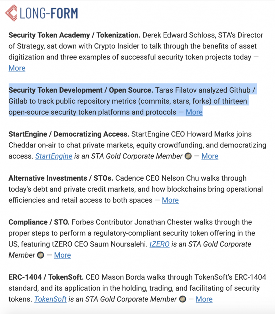 Dappros Security Tokens newsletter featuring Dappros analytics on security token platforms development