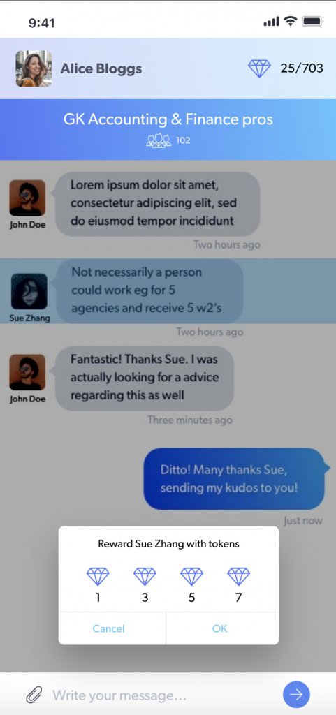 chat screen showing blockchain tokens transfer