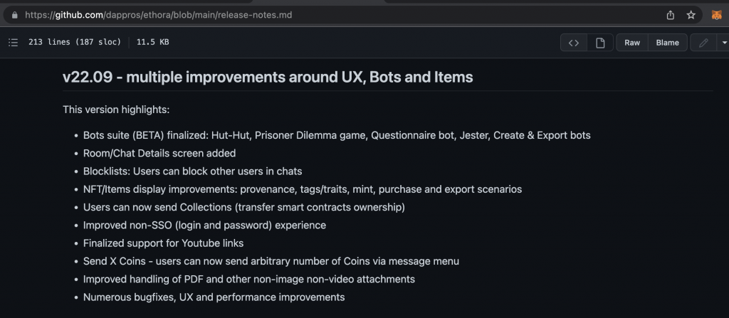 Github screenshot - ethora release notes 22.09 