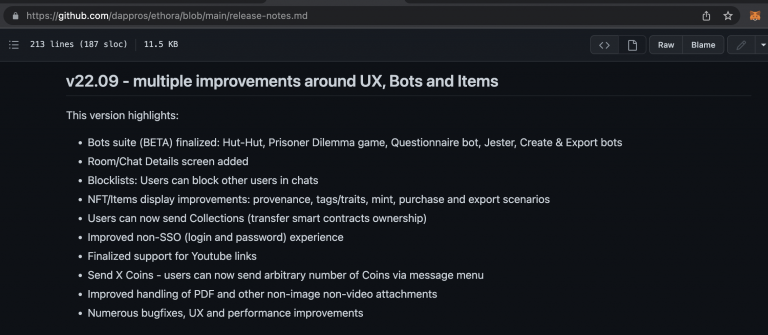 github screenshot - Ethora web3 social engine - release notes v22.09
